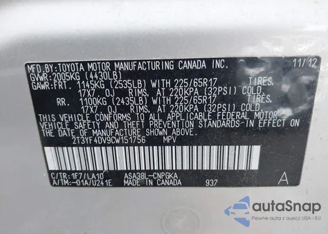 2012 Toyota Rav4 Limited z USA, uszkodzony, nr VIN 2T3YF4DV9CW151756